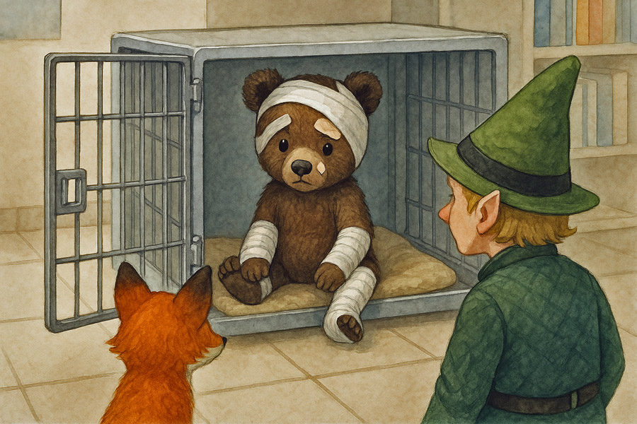 Bildinhalt: Morgelgeschichte 4 - Morgel und der kleine Zirkusbär - Das Bild zeigt, wie Dinco in der Tierarztpraxis im Aufwachraum in einer Gitterbox sitzt. Darin hat er seine Nacht verbracht. Morgel und Lothar holen ihn am Morgen dort heraus.