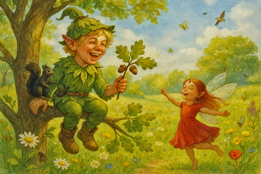 Bildinhalt: Morgelgeschichte 11 - Morgel und das Geheimnis des Töpfersjungen - Das Bild zeigt Johannes auf einem Baum. Er kann sein Glück nicht fassen und muss lauthals lachen. Er spürt die Natur. Regina freut sich mit ihm und tanzt im Kreis. Die Sonne scheint mit einem Mal. Die Waldwiese blüht. Vögel und Schmetterlinge fliegen umher.