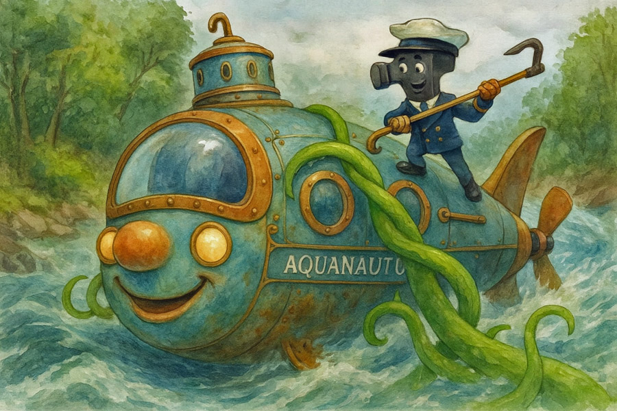 Bildinhalt: Morgelgeschichte 9 - Morgel und die Abenteuer im U-Boot - Das Bild zeigt, wie Silas bemüht ist, das U-Boot mittels eines Bootshakens von einer Schlingpflanze zu lösen.