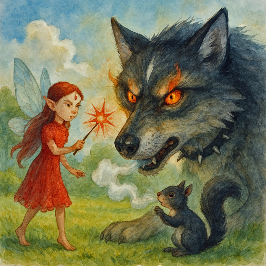 Bildinhalt: Morgelgeschichte 11 - Morgel und das Geheimnis des Töpfersjungen - Morgel und das Geheimnis des Töpfersjungen - Das Bild zeigt Regina, wie sie den Wolf ins Leben zurückruft, indem sie ihm mit ihrem Zauberstab einen rot funkelnden Stern zuwirft. Das Eichhörnchen bläst sogleich einen weißen Zaubernebel in dessen Maul und Nase.