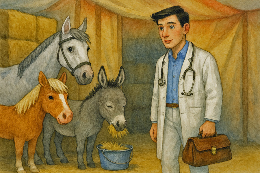 Bildinhalt: Morgelgeschichte 4 - Morgel und der Möchtegernzauberer - Das Bild zeigt den Tierarzt Doktor Freund im Zirkuszelt der Tiere. Vor ihm stehen Tristan, Bill und Nils, der Heu frisst. Ringsum liegen Heuballen.