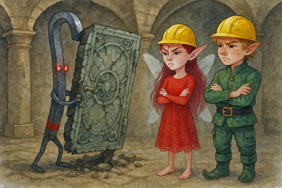 Bildinhalt: Morgelgeschichte 8 - Morgel und das verlotterte Märchenschloss - Das Bild zeigt Egon Kuhfuß, wie er die defekte Tür Regina und Morgel entgegenhält. Diese sind sauer über die Zerstörung, aber vor allem darüber, dass Hubertus aus dem Verlies entkommen konnte.