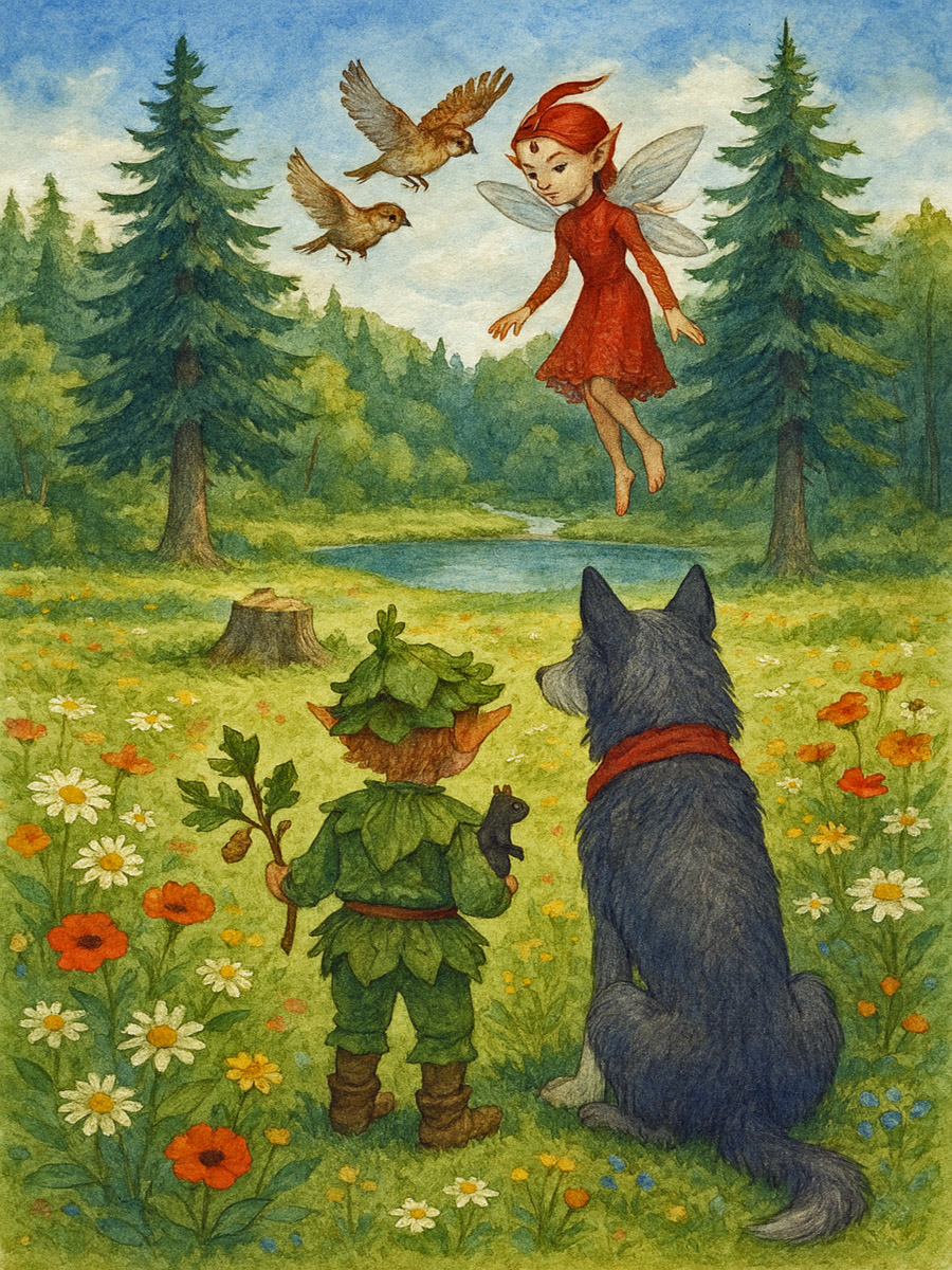 Bildinhalt: Morgelgeschichte 11 - Morgel und das Geheimnis des Töpfersjungen - Das Bild zeigt Munk, Banjo, Bammy, die Spatzen Fridolin und Sparky sowie die Waldfee Regina an Munks neuem Zuhause. Ein Teich und eine Wiese ohne Namen. Mitten auf der Wiese ist ein Baumstumpf zu sehen, die Wurzelhöhle. Rechts und links vom Teich stehen die beiden Weißtannen, Albasol und Albamon.