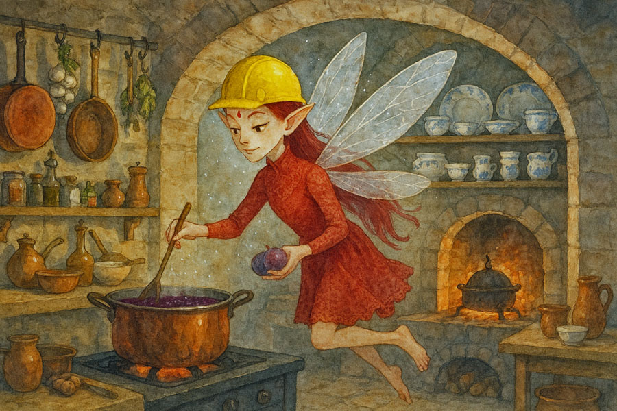 Bildinhalt: Morgelgeschichte 8 - Morgel und das verlotterte Märchenschloss - Das Bild zeigt Regina in der üppig ausgestatteten Schlossküche, wie sie Pflaumenmus kocht. Kupferne Töpfe und Pfannen, Meißner Porzellan und viel Gewürze sind zu sehen.