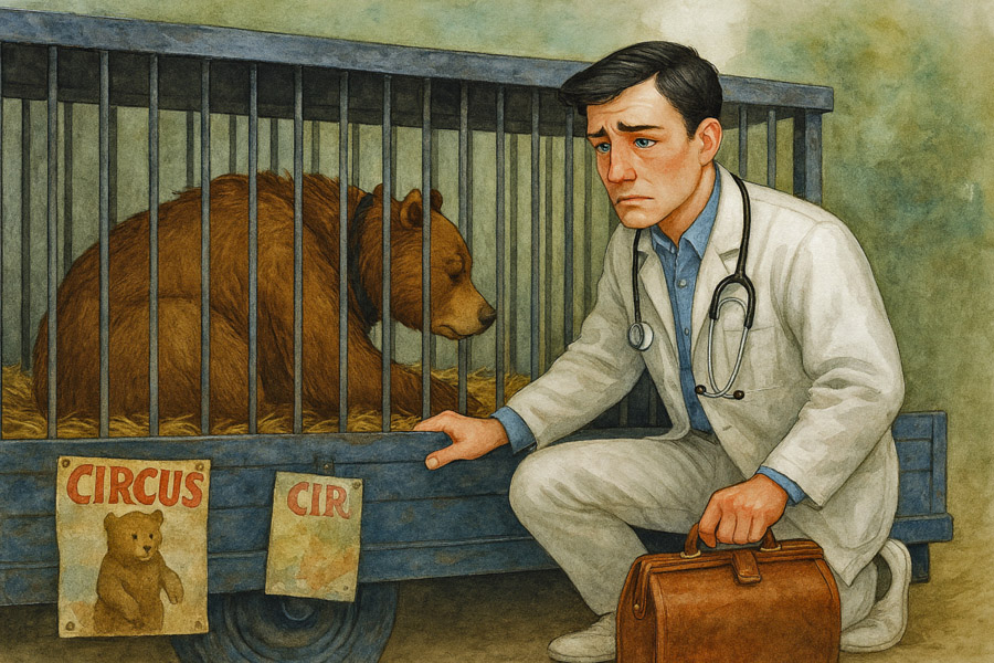 Bildinhalt: Morgelgeschichte 4 - Morgel und der Möchtegernzauberer - Das Bild zeigt den Tierarzt Doktor Freund neben einem alten Käfig. Darin liegt eine schwache, kranke Bärin.