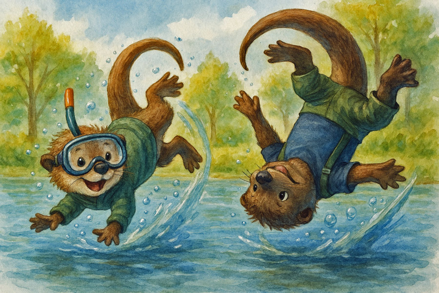 Bildinhalt: Morgelgeschichte 9 - Morgel und die Abenteuer im U-Boot - Das Bild zeigt, wie Eddy und sein Bruder Ottokar sich im Otterbachsteich tummeln. Sie vollführen dabei Loopings. Eddy hat vorsichtshalber eine Taucherbrille aufgesetzt und einen Schnorchel im Mund.