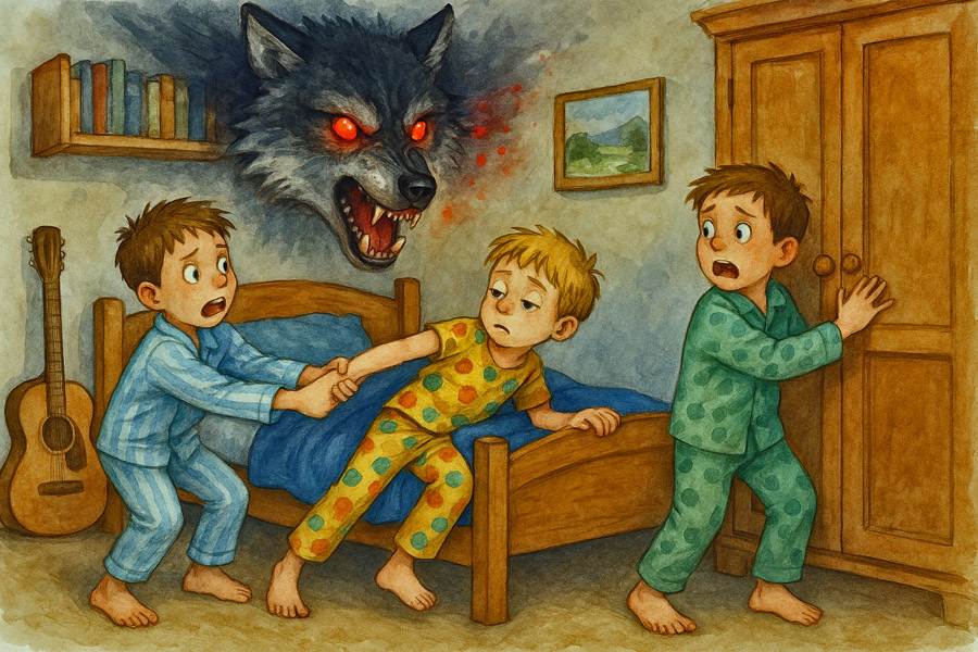 Bildinhalt: Morgelgeschichte 2 - Morgel und die Waldfee - Über Tims Bett ist plötzlich der große Kopf eines Dämons mit roten Augen und offenem Maul aufgetaucht. Es ist das furchterregende Abbild des Wolfshundes Banjo. Leo erschrickt und lässt Tim vor Angst los. Jan möchte sich am liebsten im Kleiderschrank verkriechen.