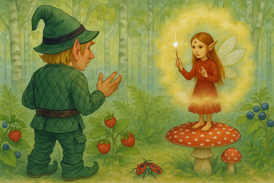 Bildinhalt: Morgelgeschichte 2 - Morgel und die Waldfee - Der Waldkobold Morgel und die Waldfee Regina diskutieren über das Schicksal des kleinen Tim. Regina steht auf einem übergroßen Fliegenpilz. Rundherum liegen Erdbeeren herum und an den Sträuchern hängen reife Heidelbeeren.