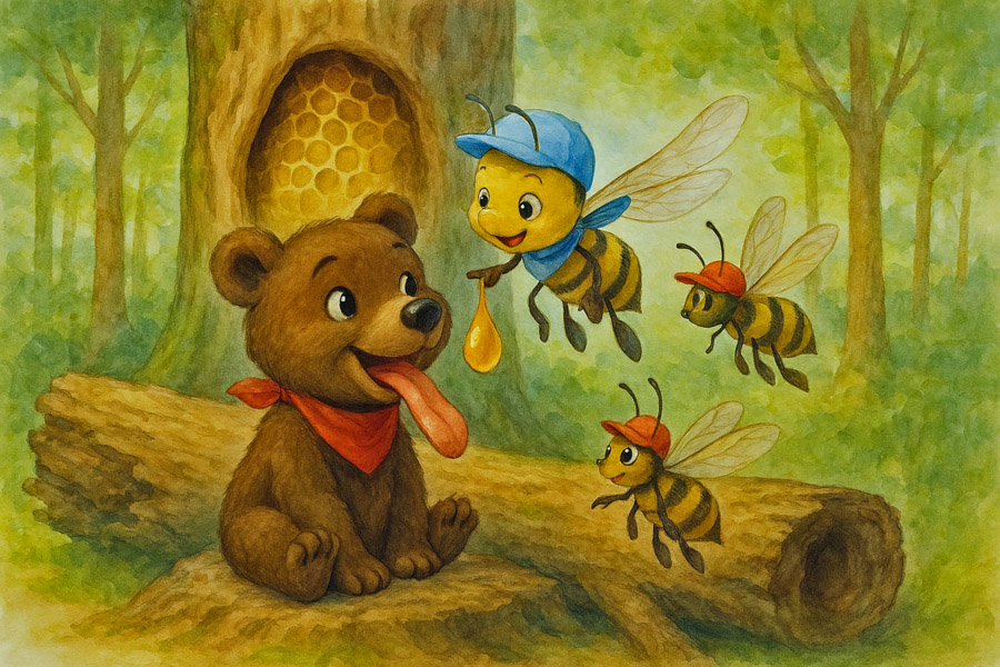Bildinhalt: Morgelgeschichte 4 - Morgel und der Möchtegernzauberer - Das Bild zeigt Dinco an der Höhle der Wildbienen. Wie so oft, lässt er sich von den Wildbienen mit Honig verwöhnen. Heute ist es Malinka4557 die ihm etwas auf die Zunge tröpfelt.