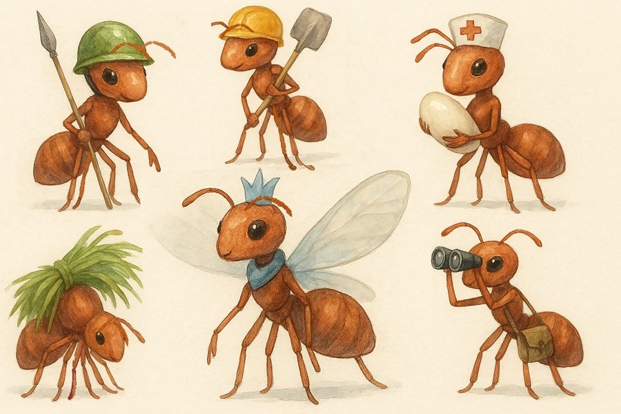 Bildinhalt: Morgelgeschichte 7 - Morgel und die Riesenameise - Das Bild zeigt oben links eine Wächterin mit grünem Helm und Speer, in der Mitte eine Bauarbeiterin mit gelbem Helm und Spaten, und rechts eine Amme mit Häubchen und einem Ei. Unten links sieht man eine Trägerin mit einem Grasbüschel auf dem Rücken, in der Mitte eine Königin und rechts eine Späherin mit Fernglas und Funksprechgerät in einer Umhängetasche.