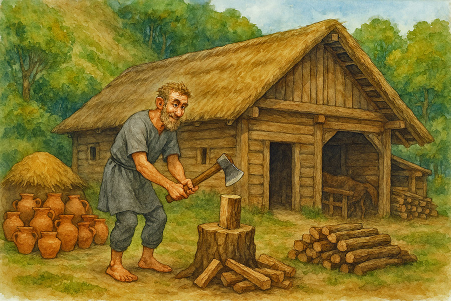 Bildinhalt: Morgelgeschichte 11 - Morgel und das Geheimnis des Töpfersjungen - Das Bild zeigt die Holzhütte des Dorfbürgen und Töpfers Bruno. Er hakt Holz für seinen Brennofen. Im Hintergrund ist der Berghang zu sehen, auf welchem sich hoch oben eine Wallburg befindet.