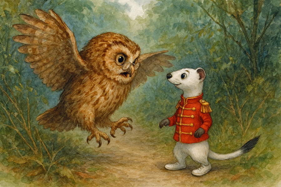 Bildinhalt: Morgelgeschichte 4 - Morgel und der Möchtegernzauberer - Das Bild zeigt Schröder, wie er Enno auf einem Waldweg stellt.