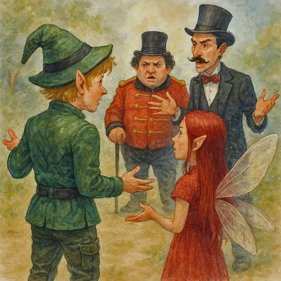 Bildinhalt: Morgelgeschichte 4 - Morgel und der Möchtegernzauberer - Das Bild zeigt Salbustini und Rossini, wie sie mit Morgel und Regina diskutieren.