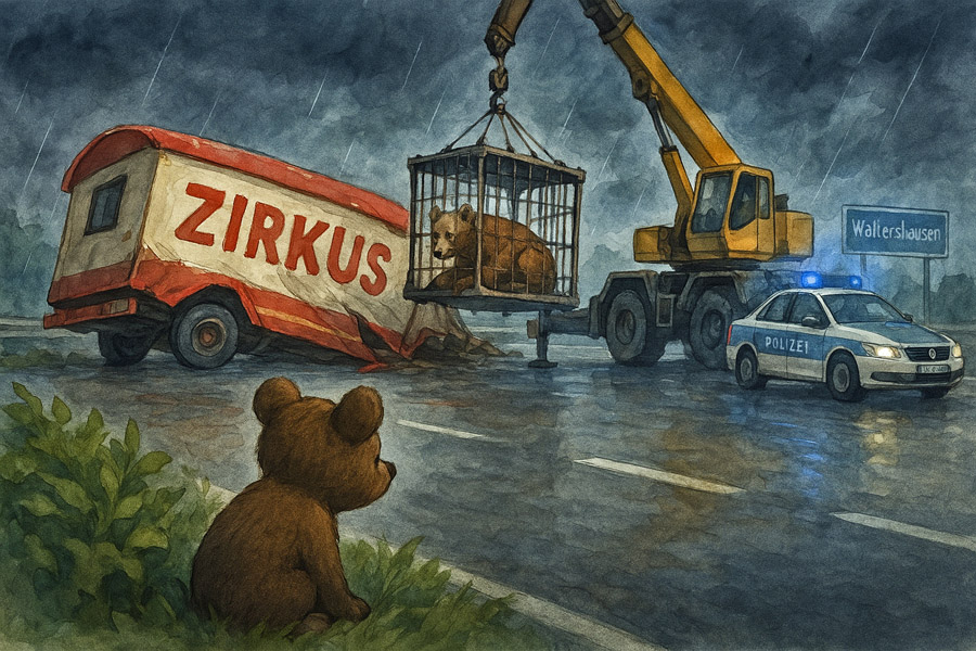 Bildinhalt: Morgelgeschichte 4 - Morgel und der kleine Zirkusbär - Das Bild zeigt den kleinen Zirkusbären Dinco am Rande der verregneten Autobahn. Er muss zusehen, wie ein Kranauto den Eisenkäfig mit seiner Mutter Dana verlädt. Ein Polizeiauto sperrt die Straße ab. Auf einem Abfahrtsschild steht Waltershausen.