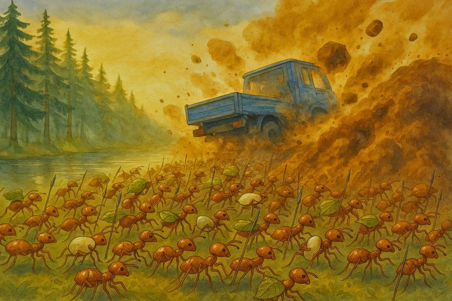 Bildinhalt: Morgelgeschichte 6 - Morgel und die Riesenameise - Das Bild zeigt einen Pritschen-Transporter im Wald. Sie zerstört bei jeder Vorbeifahrt mehr und mehr den Ameisenbau. Tausende Ameisen sind dabei die Brut oder Vorräten zu retten und den Wiederaufbau voranzutreiben.