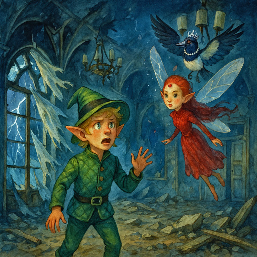 Bildinhalt: Morgelgeschichte 8 - Morgel und das verlotterte Märchenschloss - Das Bild zeigt den Waldkobold Morgel und die Waldfee Regina, wie sie im Ahnensaal des alten Märchenschlosses ankommen und entsetzt über dessen Verfall sind. Regina und Gloria fliegen durch den Raum. Fenster sind geborsten, Vorhänge sind zerfetzt und flattern im Wind. Die Wände sind teilweise eingestürzt. Bauschutt liegt umher. Draußen ist Nacht und es gewittert.