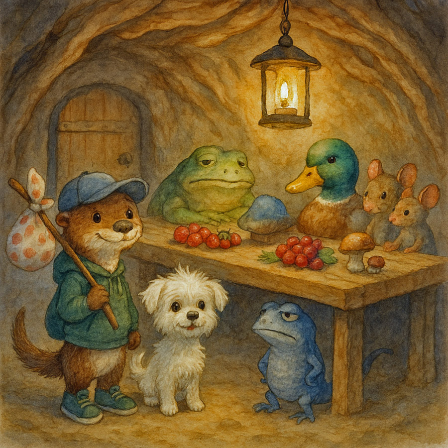 Bildinhalt: Morgelgeschichte 9 - Morgel und die Abenteuer im U-Boot - Das Bild zeigt Eddy und Paschinka in der Wurzelhöhle. Emerald, Mio und Pio, Gustav und Adalbert sitzen am Tisch.