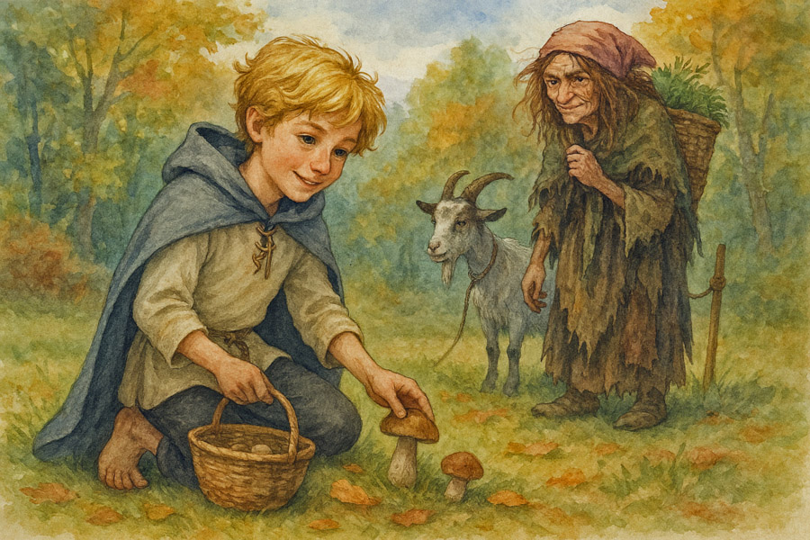 Bildinhalt: Morgelgeschichte 11 - Morgel und das Geheimnis des Töpfersjungen - Das Bild zeigt Johannes beim Pilzesammeln auf einer Waldwiese. Er hat seinen Ziegenbock zum Grasen mit dabei. Eine Kräuterhexe unterweist ihn in der Pilz- und Pflanzenkunde.