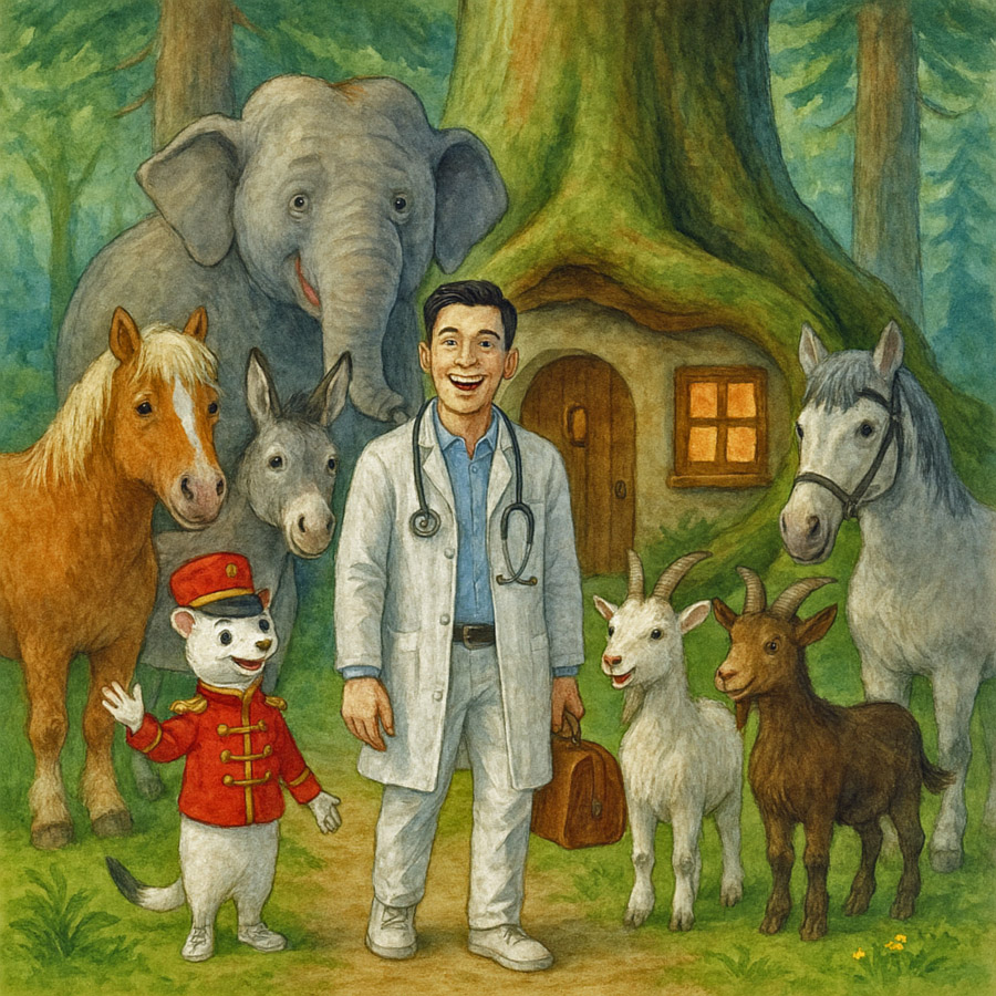 Bildinhalt: Morgelgeschichte 4 - Morgel und der Möchtegernzauberer - Das Bild zeigt Enno, umringt von den Tieren aus dem Zirkus. Laska, Tristan, Bill, Nils, Toni und Freddy. In ihrer Mitte steht Doktor Freund. Alle freuen sich auf ein neues friedliches Leben.