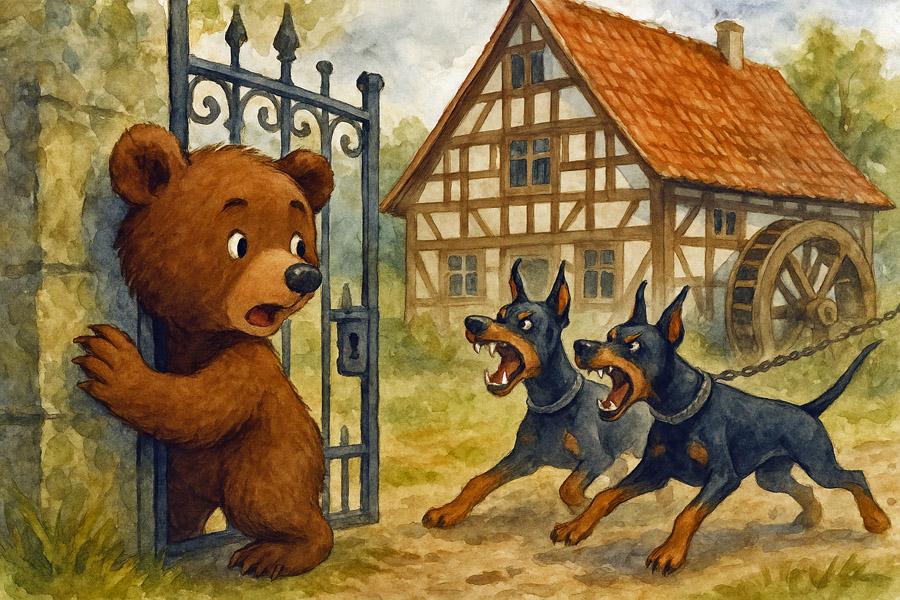 Bildinhalt: Morgelgeschichte 4 - Morgel und der kleine Zirkusbär - Das Bild zeigt den kleinen Zirkusbären Dinco am Tor einer alten Ölmühle. Zwei angekettete, keifende Dobermänner schlagen Dinco in die Flucht.