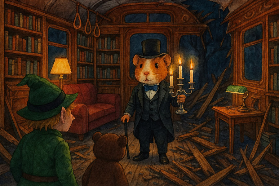 Bildinhalt: Morgelgeschichte 7 - Morgel und die Abenteuer mit der Huschi-Husch - Das Bild zeigt, wie Gaston, ein Meerschweinchen mit französischer Abstammung, im Innenraum der Bahn dem Morgel und Dinco entgegentritt. Er hat einen Kandelaber in der Hand. Der Innenraum ist eine wunderschöne alte Bibliothek, in der ein Lesetisch und ein bordeauxfarbenes, samtenes Sofa stehen. Die dunkle Holzverkleidung ist durch den Unfall teilweise zerstört und das Holz gesplittert. Bücher liegen auf dem Boden.