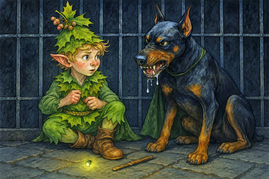 Bildinhalt: Morgels Bonuszauber - Munk und ein besonderer Freund - Das Bild zeigt den Waldkobold Munk Orgu-Telas in einem verchlossenen Hundzwinger. Hinter ihm sitzt Bodo. ein Dobermann, mit fletschenden Zähnen und sabberndem Maul.