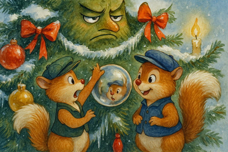 Bildinhalt: Morgelgeschichte 5 - Morgel und die eitle Albasol - Das Bild zeigt, wie Yammy in einer silberglänzenden Weihnachtskugel ein Gesicht erkennt und glaubt, es sei ein fremder Eindringling.