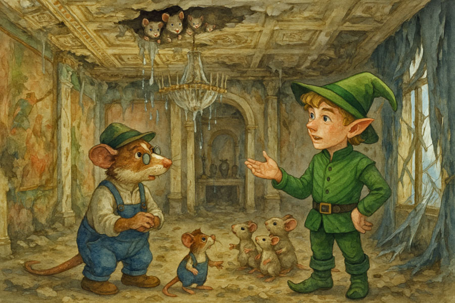 Bildinhalt: Morgelgeschichte 8 - Morgel und das verlotterte Märchenschloss - Das Bild zeigt, wie Berti und seine Mäusefamilie aus einem Loch in der Decke schauen. Ihre Mäusewohnung oberhalb des alten Kamins ist zerstört. Blacky und Casemir schauen zu ihnen hoch.