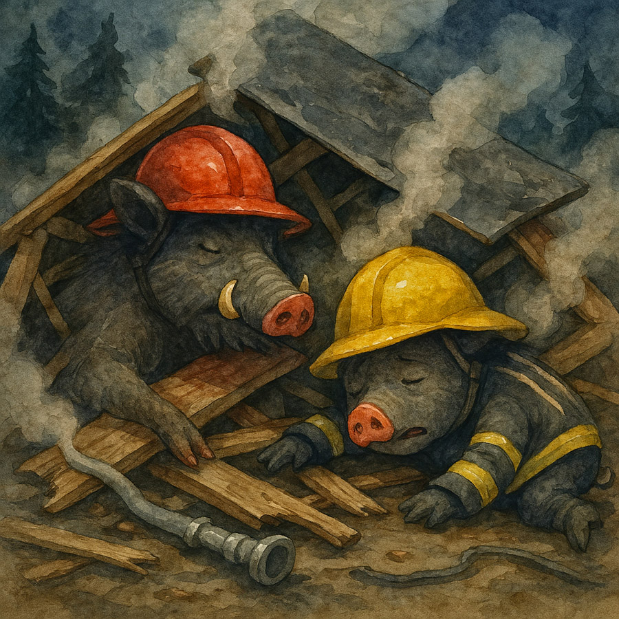Bildinhalt: Morgelgeschichte 10 - Morgel und der feurige Held - Das Bild zeigt Karlo und Ben bewusstlos in der eingestürzten Schutzhütte. Das Feuer scheint gelöscht, es qualmt stark.