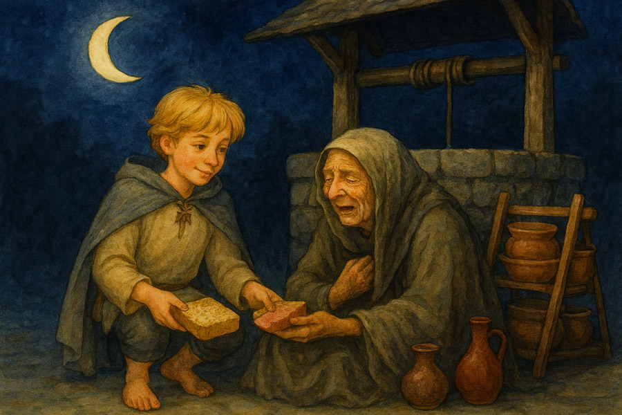 Bildinhalt: Morgelgeschichte 11 - Morgel und das Geheimnis des Töpfersjungen - Das Bild zeigt ein altes Großmütterchen neben einem Ziehbrunnen sitzend. Johannes teilt mit ihr sein Brot, Speck und Wein.
