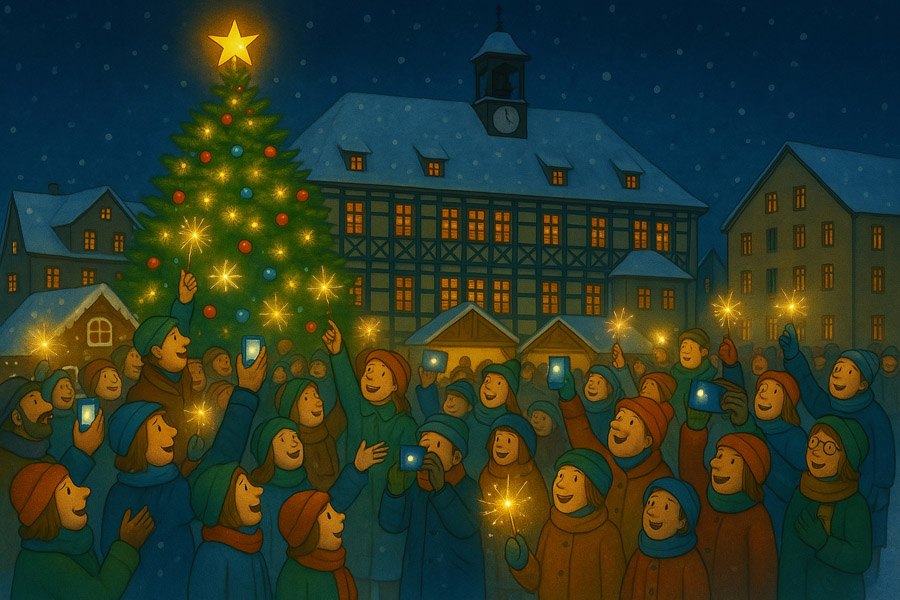 Bildinhalt: Morgelgeschichte 5 - Morgel und die eitle Albasol - Das Bild zeigt, wie Albasol weihnachtlich geschmückt als Weihnachtsbaum auf dem Waltershäuser Weihnachtsmarkt von zahlreichen Einwohnern bewundert wird. Viele haben Wunderkerzen in die Luft. Mit Handys werden Fotos geschossen.