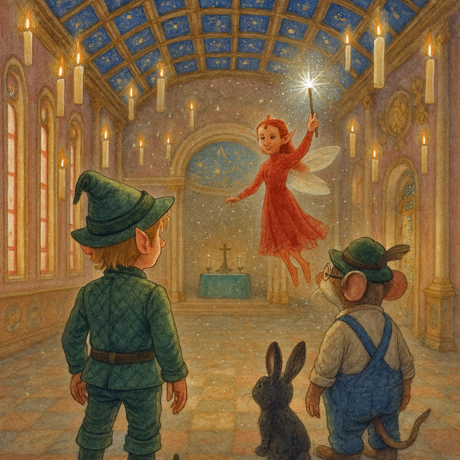Bildinhalt: Morgelgeschichte 8 - Morgel und das verlotterte Märchenschloss - Das Bild zeigt, Morgel, Casemir, Blacky und Regina in der plötzlich durch Zauberei intakten Schlosskapelle. Alles ist repariert und sauber. In der Luft schweben brennende Kerzen und Sternenstaub erfüllt den Raum. Die Pracht ist aber nur von kurzer Dauer. Der Zauber hat bald ein Ende.
