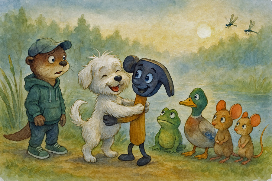 Bildinhalt: Morgelgeschichte 9 - Morgel und die Abenteuer im U-Boot - Das Bild zeigt Silas, das kleine Zimmermannshämmerchen, und Paschinka eng umschlungen vor Freude. Eddy, Emerald. Gustav und Mio und Pio stehen verwundert daneben.