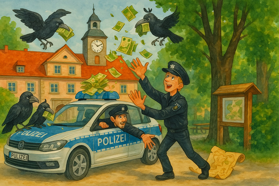 Bildinhalt: Morgelgeschichte 3 - Morgel und der Schatz im Komstkochsteich - Mani und Gerd, zwei Polizisten, stehen mit ihrem Streifenwagen vor dem Vorplatz zum Schloss Tenneberg. Plötzlich knallt es. Vier Raben mit Geldbündeln im Schnabel kommen angeflogen. Die Bündel fliegen aufs Dach und platzen auf. Geldschein flattern umher. Gerd versucht sie einzufangen. Dann bemerkt Mani die Schatzkarte auf dem Boden.
