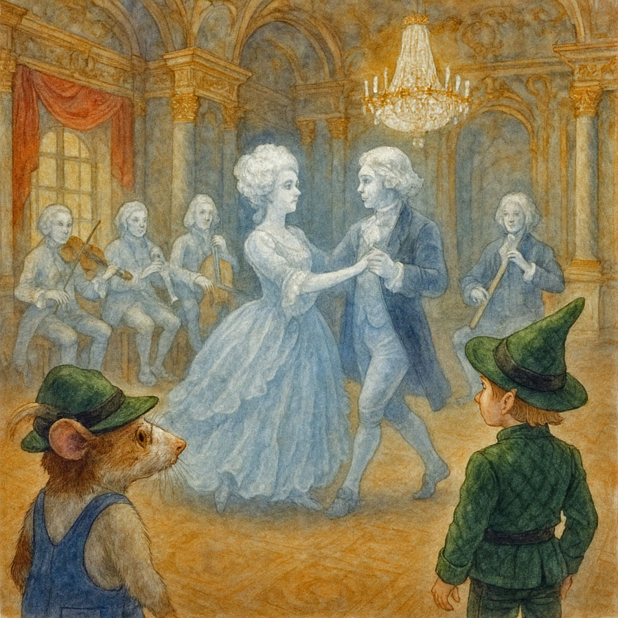 Bildinhalt: Morgelgeschichte 8 - Morgel und das verlotterte Märchenschloss - Das Bild zeigt ein barockes Pärchen, das zusammen tanzt. In der Ecke spielen Musiker auf zeitgemäßen Instrumenten. Es sind blasse und durchsichtige Geister. Alles Zauberei. Der Saal ist hell erleuchtet und voller Prunk. Morgel und Casemir schauen dem Treiben zu.