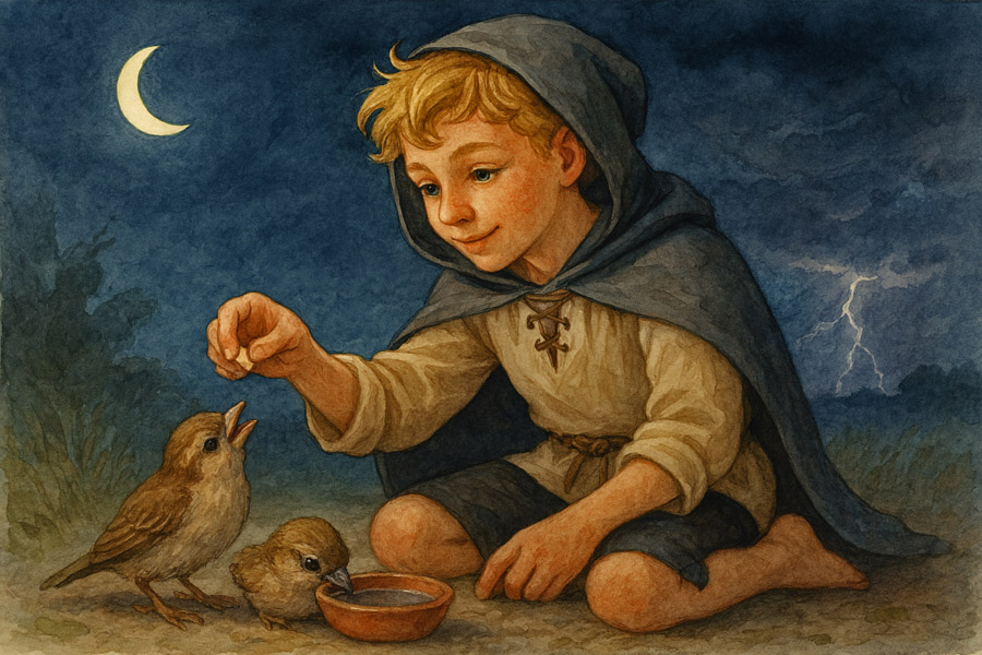 Bildinhalt: Morgelgeschichte 11 - Morgel und das Geheimnis des Töpfersjungen - Das Bild zeigt Johannes, wie er zwei Sperlingsküken, die gerade aus ihrem Nest gefallen waren, Brotkrumen und Wasser reicht. Es ist noch immer Nacht. Im Hintergrund zieht ein Gewitter auf.