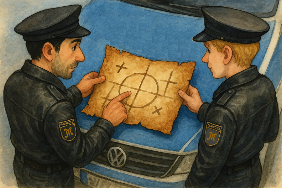 Bildinhalt: Morgelgeschichte 3 - Morgel und der Schatz im Komstkochsteich - Mani und Gerd legen die Schatzkarte auf die Motorhaube ihres Streifenwagens vor dem Schloss Tenneberg. Entgeistert schauen sie sich diese an und rätseln, was die Striche und Kreise bedeuten könnten. Die Karte ist auf altem Stoff gezeichnet und hat viel Patina angesetzt.