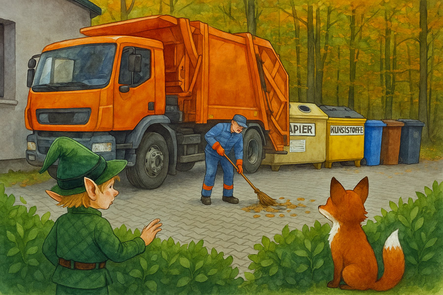 Bildinhalt: Morgelgeschichte 4 - Morgel und der kleine Zirkusbär - Das Bild zeigt Lothar und Morgel, wie sie auf dem Müllcontainerplatz auftauchen. Doch Dinco ist verschwunden. An dessen Stelle steht nun ein großes orangefarbenes Müllauto und ein Müllmann kehrt die letzten Reste des umherliegenden Mülles auf.