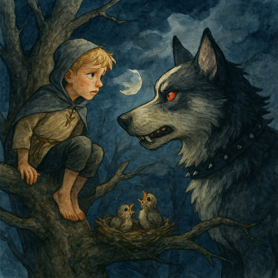 Bildinhalt: Morgelgeschichte 11 - Morgel und das Geheimnis des Töpfersjungen - Das Bild zeigt Johannes auf einem Baum. Neben sich auf einem Ast hat er das Nest mit den Sperlingsküken abgelegt. Ihm gegenüber steht eine grimmiger Wolf mit roten Augen und fletschenden Zähnen.