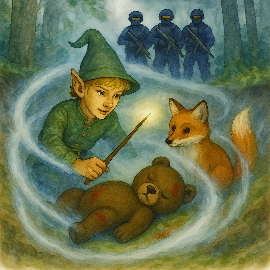 Bildinhalt: Morgelgeschichte 4 - Morgel und der kleine Zirkusbär - Das Bild zeigt, wie Dinco bewusstlos in einer Grube liegt. Morgel und Lothar beugen sich über ihn. In dem Moment, wo die Polizisten am Grubenrand auftauchen, zückt Morgel seinen Zauberstab und alle drei koboldieren flugs in die Tierarztpraxis des Doktor Freund. Der Zauber wird durch einen weißen Schleier dargestellt.