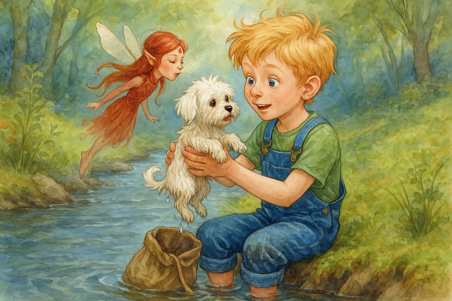 Bildinhalt: Morgelgeschichte 2 - Morgel und die Waldfee - Tim sitzt am Ufer des Badewassers und befreit gerade einen kleinen Welpen. Der Hund ist klatschnass. Eine kleine Waldfee flüstert Tim zu, er sei ein kleiner Held.