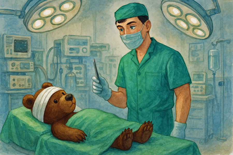 Bildinhalt: Morgelgeschichte 4 - Morgel und der kleine Zirkusbär - Das Bild zeigt, wie Dinco verletzt auf dem Operationstisch liegt. Der Tierarzt Doktor Freund untersucht ihn. Er hat einen grünen OP-Kittel an, eine grüne OP-Mütze auf und trägt einen Mundschutz. Drumherum stehen zahlreiche Monitore und Geräte. Über dem Tisch hängen zwei runde OP-Lampen.