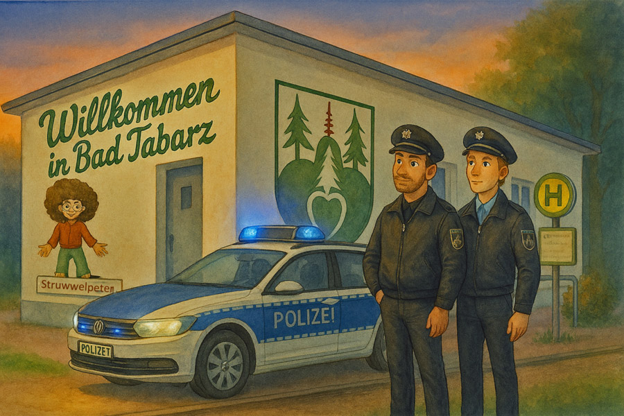Bildinhalt: Morgelgeschichte 7 - Morgel und die Abenteuer mit der Huschi-Husch - Das Bild zeigt dem Streifenwagen mit Blaulicht vor der Endhaltestelle in Bad Tabarz. Er steht direkt auf den Schienen und versperrt so den Weg. Mani und Gerd stehen neben dem Wagen und warten auf die Bahn.
