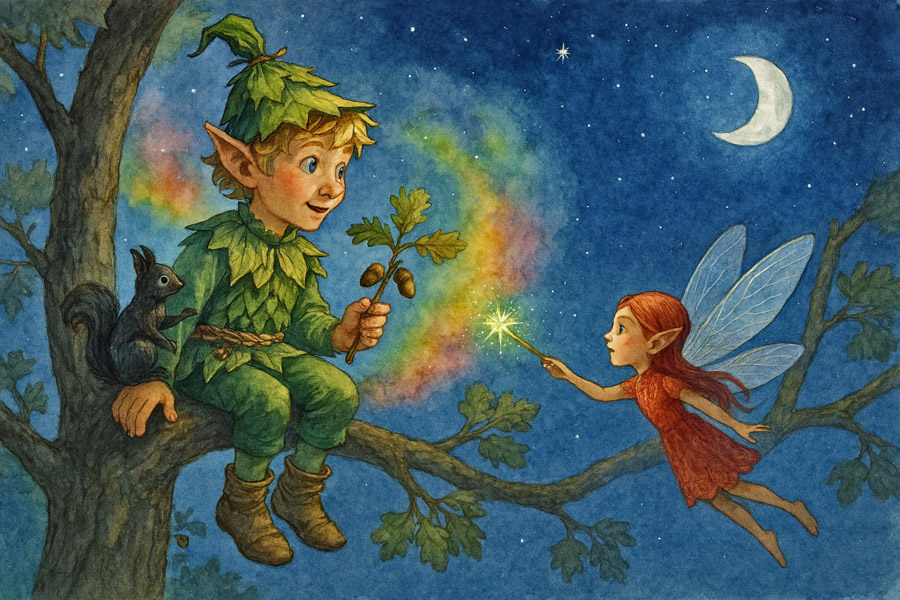 Bildinhalt: Morgelgeschichte 11 - Morgel und das Geheimnis des Töpfersjungen - Das Bild zeigt Regina, die Waldfee, wie sie Johannes in einen Kobold verwandelt. Ein regenbogenfarbener Schleier umgibt den Jungen. Der nahende Sturm hat sich gelegt. Am Himmel leuchten nun die Sterne und der leicht zunehmende Mond.