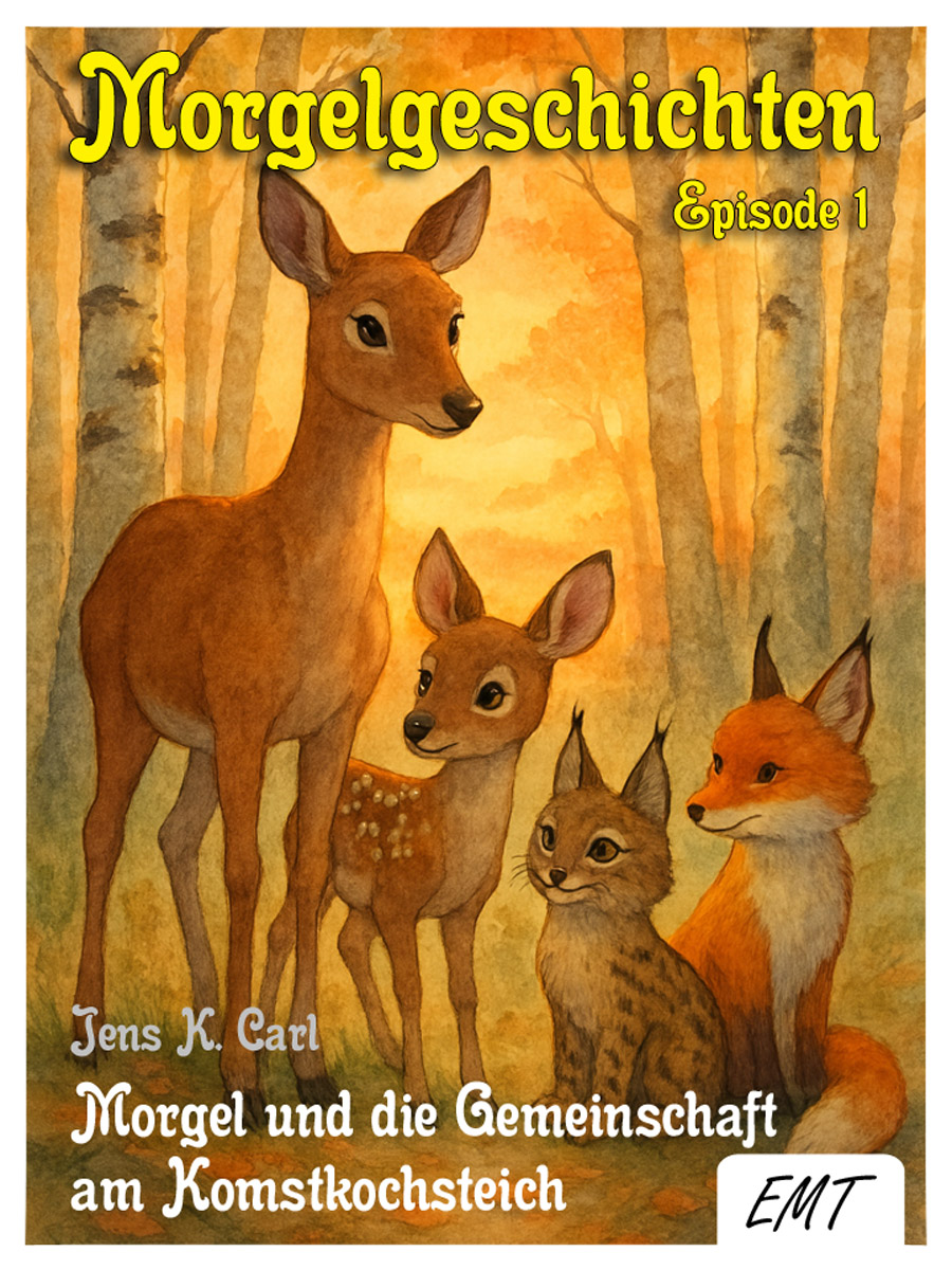 Bildinhalt: Morgelgeschichte 1 - Morgel und die Gemeinschaft am Komstkochsteich - Das Bild zeigt das neue Cover der ersten Episode der Morgelgeschichten. Zu sehen sind die Ricke Gertrud mit dem Rehkitz in der Mitte, die Luchsin Lava auf der rechten Seite und Fuchs Lothar auf der linken Seite. Im Hintergrund ist ein Birkenwald bei Sonnenaufgang.
