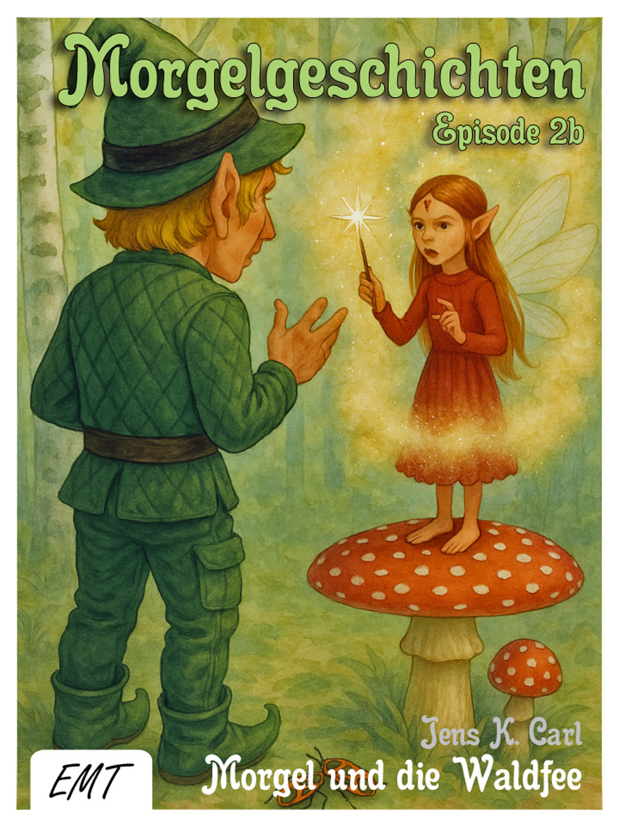 Bildinhalt: Morgelgeschichte 2 - Morgel und die Waldfee - Das Cover zeigt das Waisenkind Tim, wie er einen kleinen Malteserwelpen aus dem Wasser zieht und vor dem ertrinken rettet.