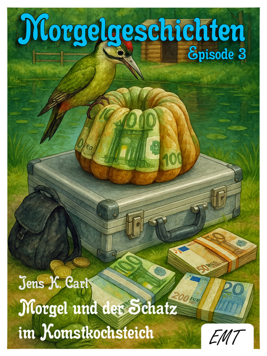 Bildinhalt: Morgelgeschichte 3 - Morgel und der Schatz im Komstkochsteich - Das Cover zeigt Gunther, den Specht, und Emerald, den Frosch, beim untersuchen des Schatzes aus dem Komstkochsteich. Sie haben die Vorstellung, dass es sich bei den Geldbündeln und Kuchen handelt.