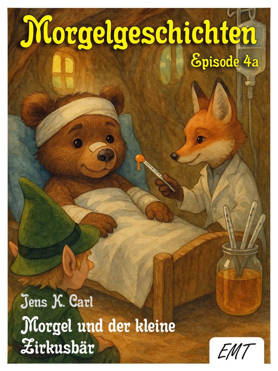 Bildinhalt: Morgelgeschichte 4 - Morgel und der kleine Zirkusbär - Das Cover Dinco, wie er im Krankenbett in der Wurzelhöhle des Waldkoboldes Morgel liegt. Er wird vom Fuchs Lothar vom Hocksloch gepflegt. Dieser reicht Dinco ein Fieberthermometer mit etwas Honig an der Spitze. Der Morgel wacht daneben.