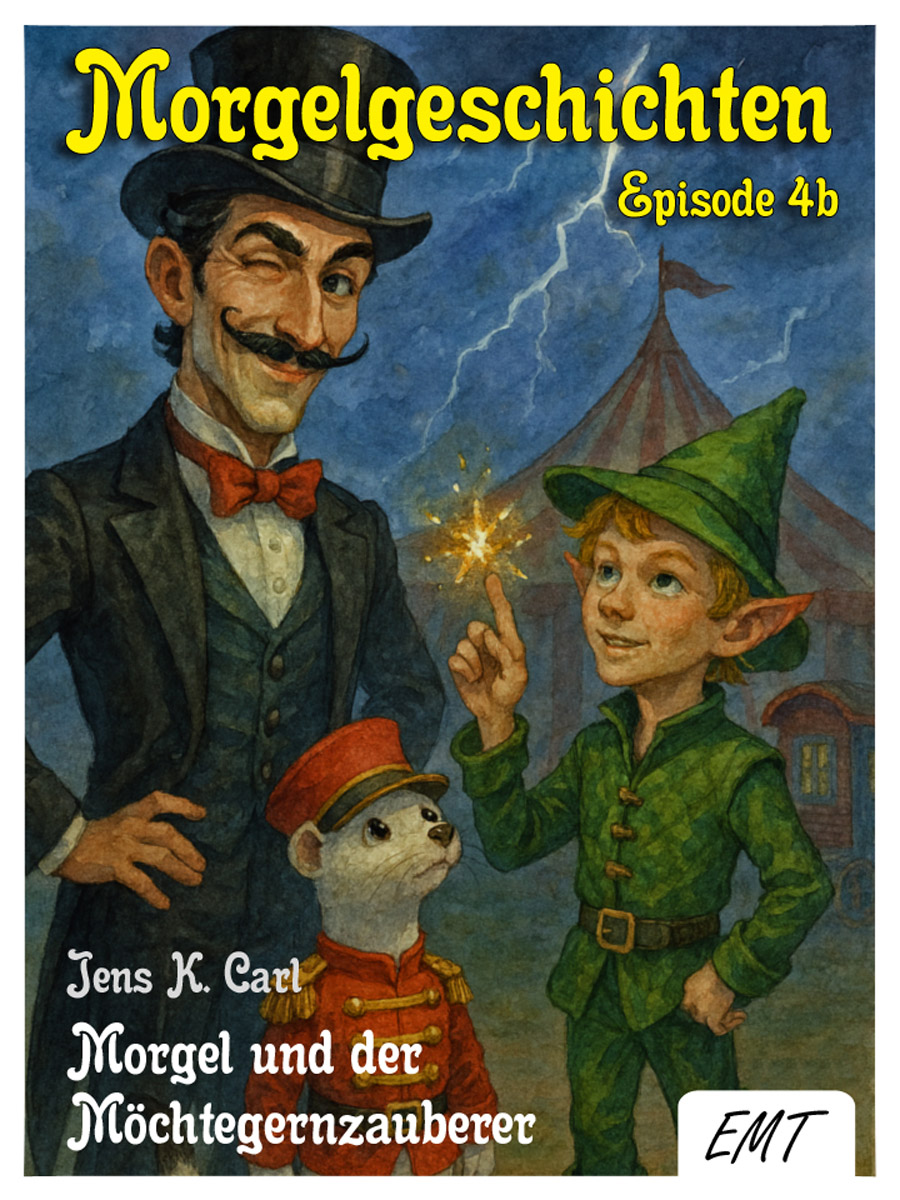 Bildinhalt: Morgelgeschichte 4 - Morgel und der Möchtegernzauberer - Das Cover zeigt den Zirkuszauberer Salbustini, Enno, das Wiesel, und den Waldkobold Morgel vor einem Zirkuszelt.