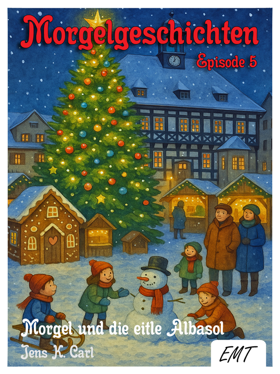 Bildinhalt: Morgelgeschichte 5 - Morgel und die eitle Albasol - Das Cover zeigt die Zaubertanne Albasol als weihnachtlich geschmückten Weihnachtsbaum auf dem Waltershäuser Weihnachtsmarkt. Rundherum stehen Hütten und Kinder spielen oder bauen einen Schneemann. Im Hintergund ist das latehrwürdige Rathaus der Stadt zu sehen.